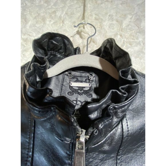 Odyn Women Black Faux Leather Jacket Ruffled szM - Picture 3 of 10